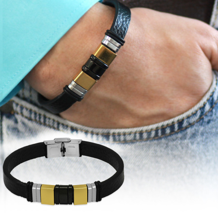 Siyah Deri ve Çelik Bileşim İki Plakalı İsme Özel Harf Yazılı Erkek Bileklik - Tesbihane