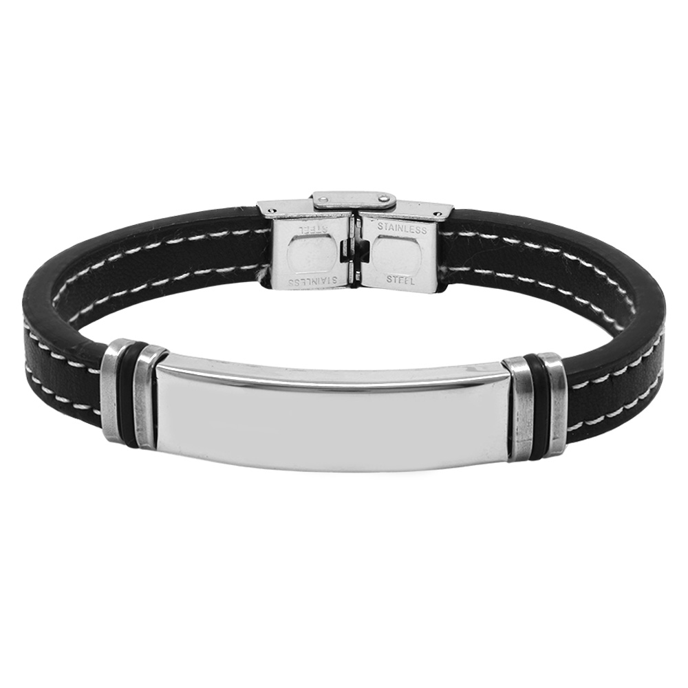 Siyah Deri ve Çelik Bileşim Kişiye Özel İsim Veya Harf Yazılı Erkek Bileklik - 1