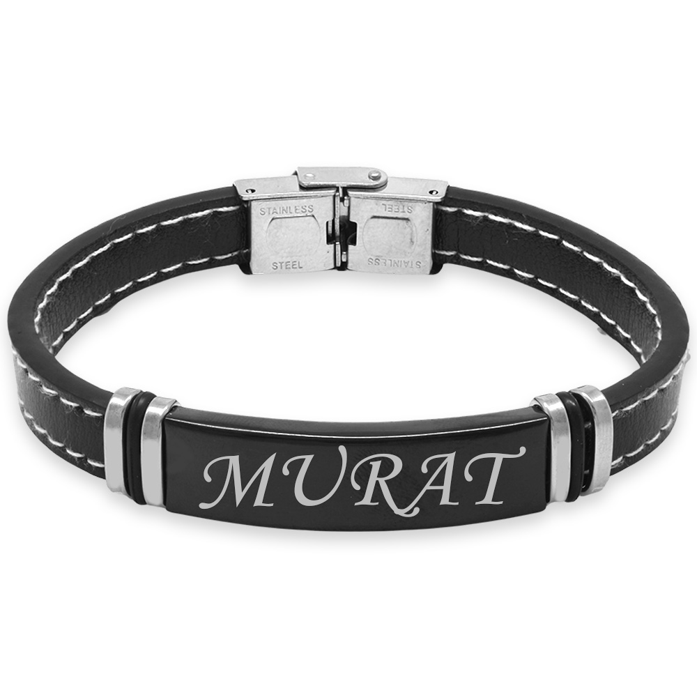 Siyah Deri ve Çelik Bileşim Gümüş Renk Plakalı İsme Özel Yazılı Erkek Bileklik - 2