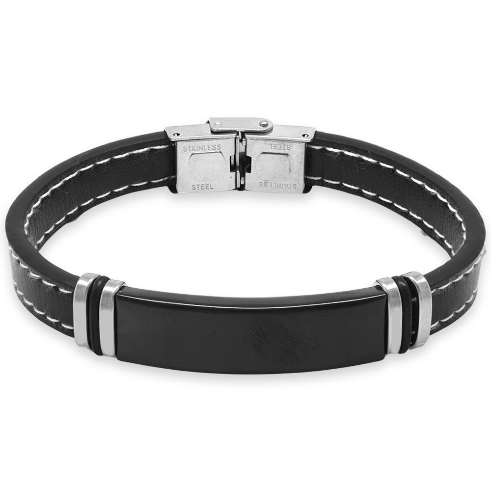 Siyah Deri ve Çelik Bileşim Gümüş Renk Plakalı İsme Özel Yazılı Erkek Bileklik - 1
