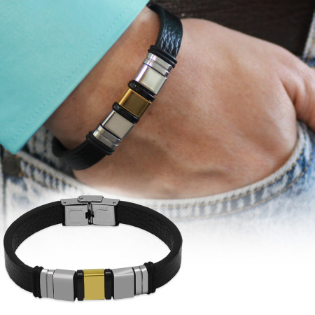 Siyah Deri ve Çelik Bileşim Üç Plakalı İsme Özel Harf Yazılı Erkek Bileklik - Tesbihane