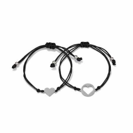 Siyah İp Zincirli 316L Kalite Çelik Kalp Tasarım 2 li Kız Kardeş ve Arkadaş Bileklik Seti - Tesbihane