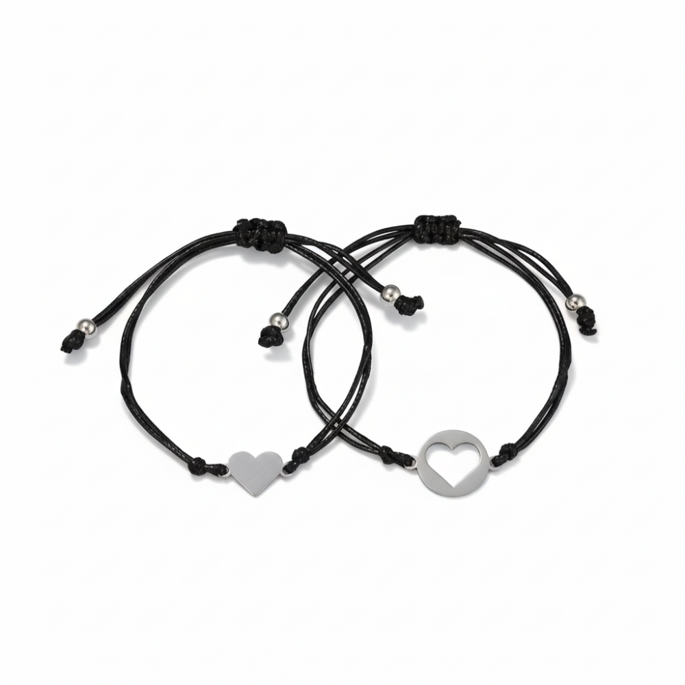 Siyah İp Zincirli 316L Kalite Çelik Kalp Tasarım 2 li Kız Kardeş ve Arkadaş Bileklik Seti - 1
