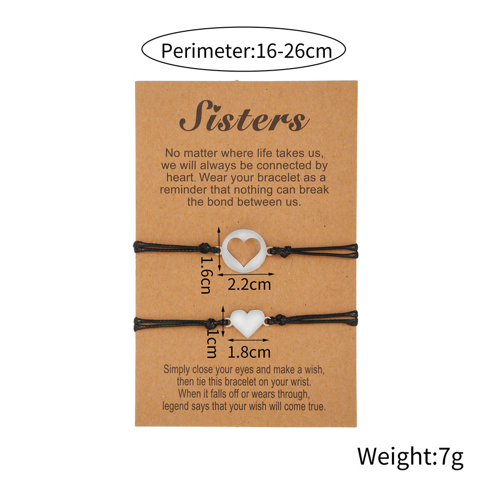 Siyah İp Zincirli 316L Kalite Çelik Kalp Tasarım 2 li Kız Kardeş ve Arkadaş Bileklik Seti - 3