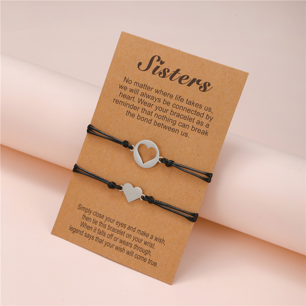 Siyah İp Zincirli 316L Kalite Çelik Kalp Tasarım 2 li Kız Kardeş ve Arkadaş Bileklik Seti - 5