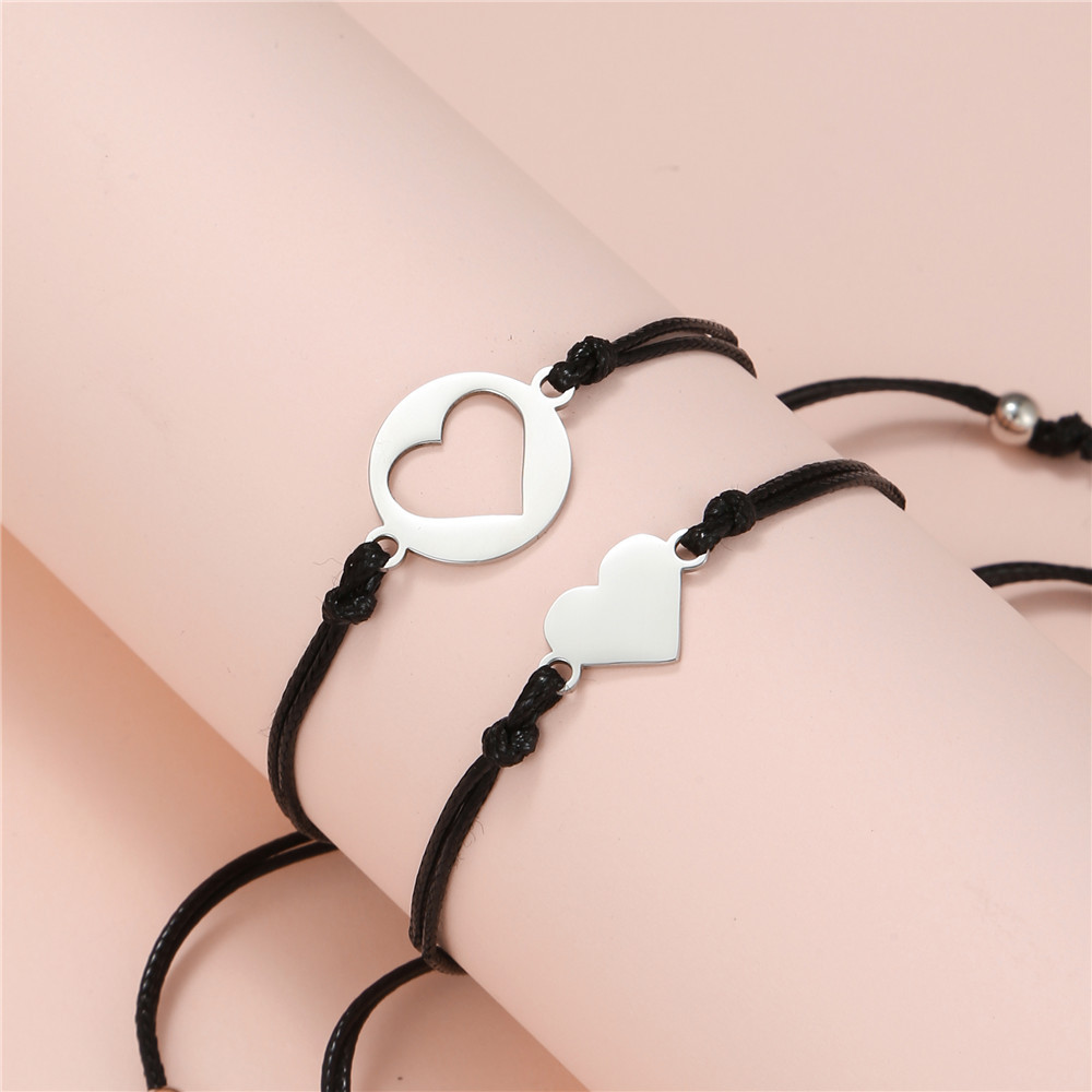 Siyah İp Zincirli 316L Kalite Çelik Kalp Tasarım 2 li Kız Kardeş ve Arkadaş Bileklik Seti - 2