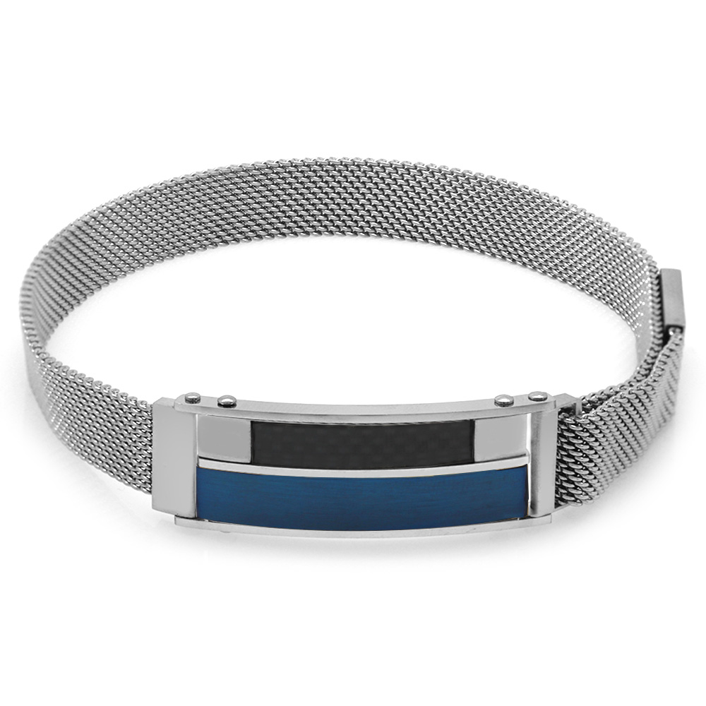 Lacivert Siyah Detaylı Kişiye Özel İsim Yazılı Magnet Kapamalı Gümüş Renk Çelik Erkek Hasır Bileklik - 2