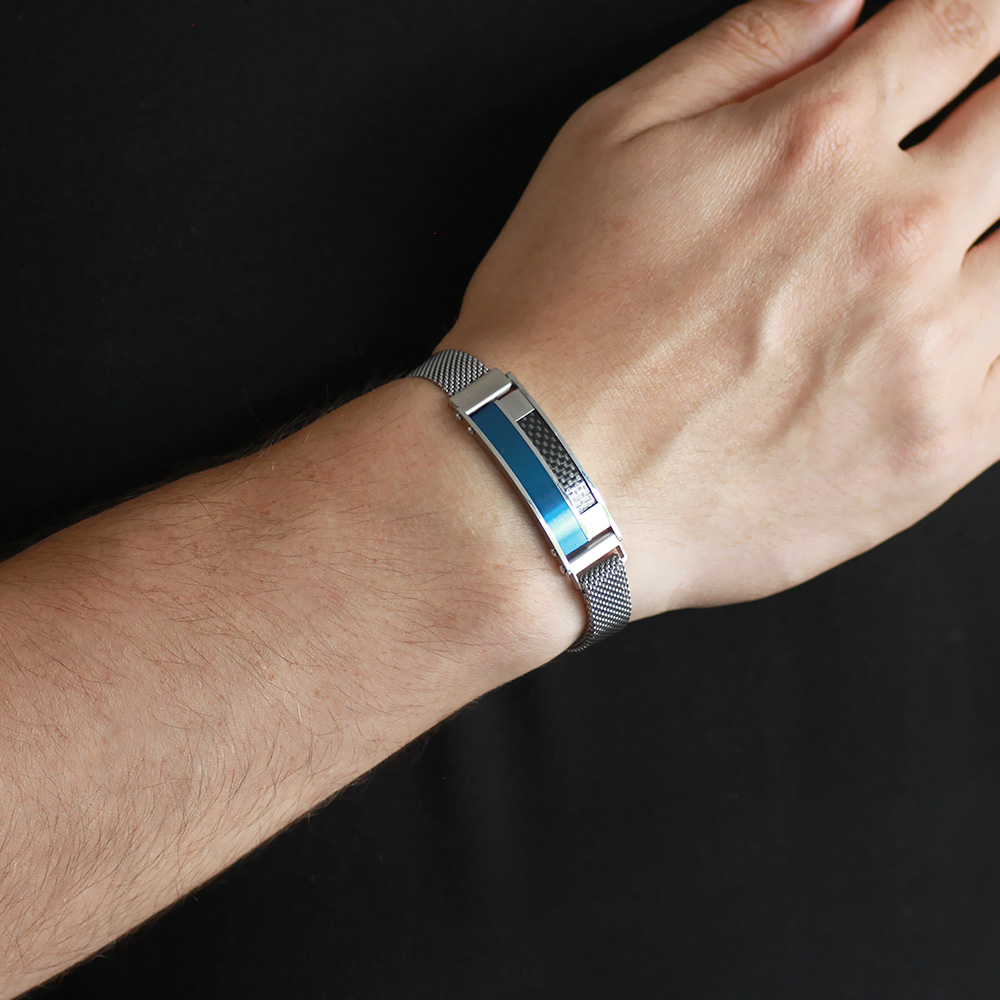 Lacivert Siyah Detaylı Kişiye Özel İsim Yazılı Magnet Kapamalı Gümüş Renk Çelik Erkek Hasır Bileklik - 3