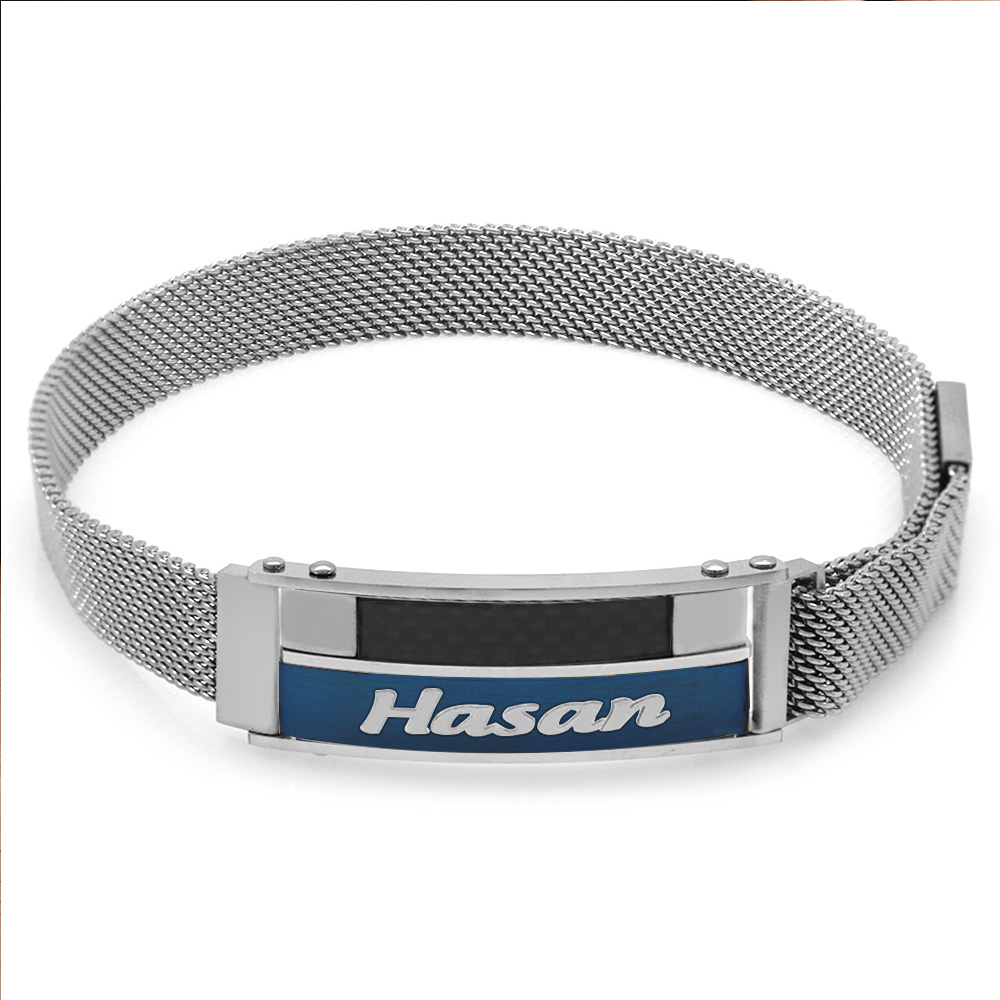 Lacivert Siyah Detaylı Kişiye Özel İsim Yazılı Magnet Kapamalı Gümüş Renk Çelik Erkek Hasır Bileklik - 4