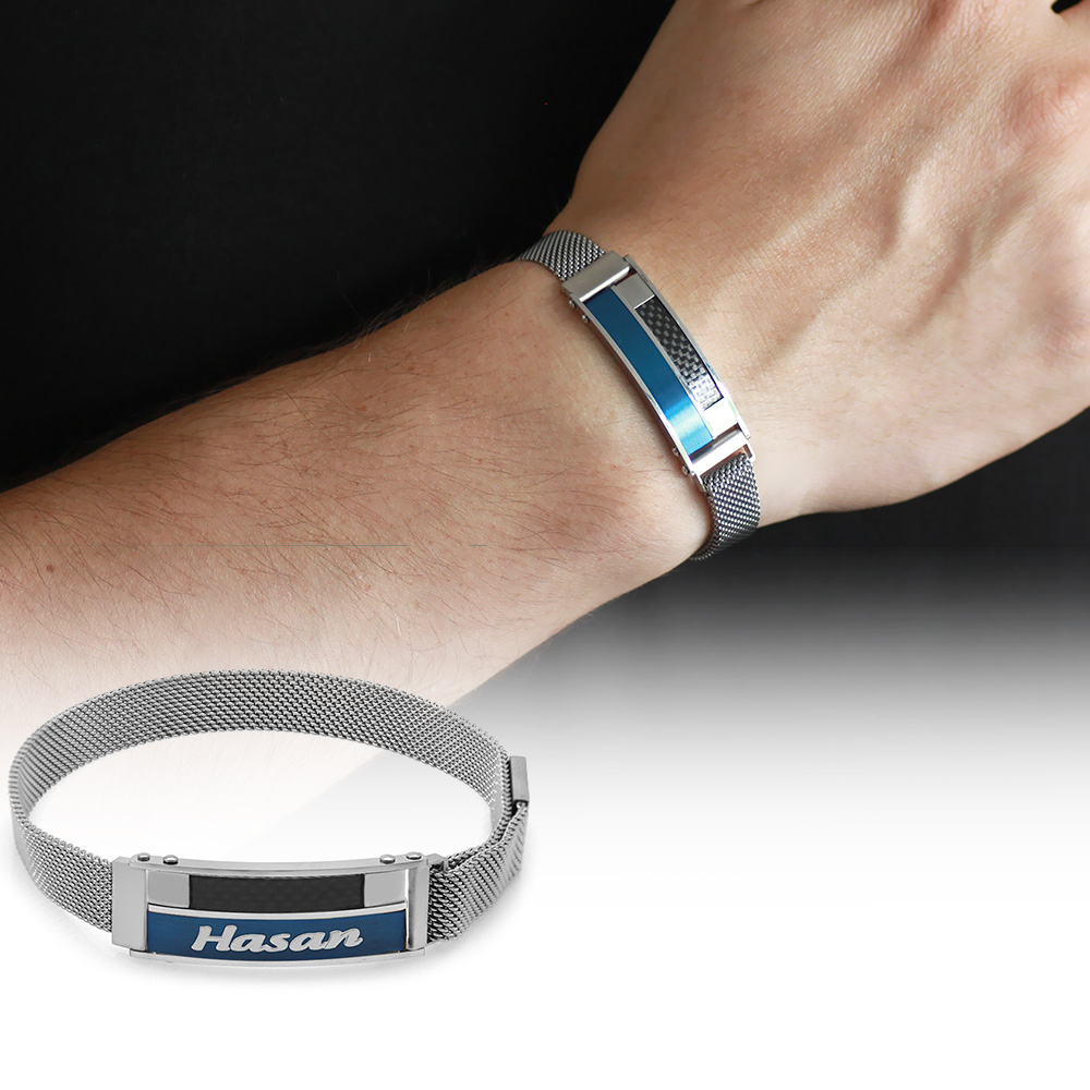 Lacivert Siyah Detaylı Kişiye Özel İsim Yazılı Magnet Kapamalı Gümüş Renk Çelik Erkek Hasır Bileklik - 1