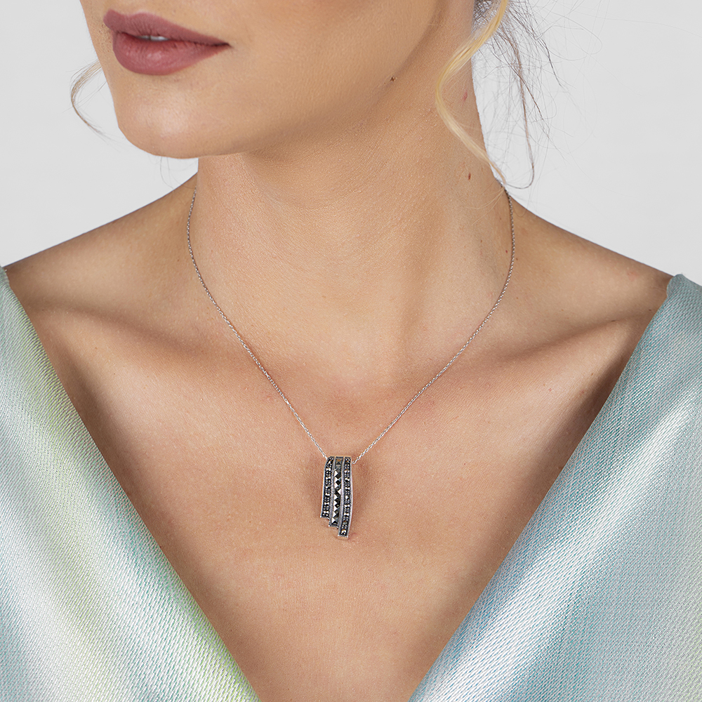 Siyah Markazit Taşlı 925 Ayar Gümüş Bayan Kolye - 2