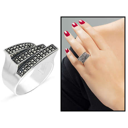 Siyah Markazit Taşlı 925 Ayar Gümüş Bayan Yüzük - Tesbihane