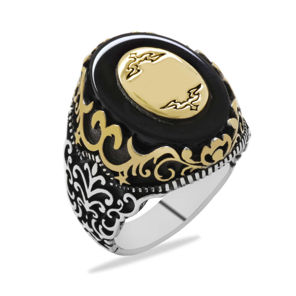 Siyah Oniks Taş Üzerine İsme Özel Yazılı 925 Ayar Gümüş Erkek Yüzük - 4