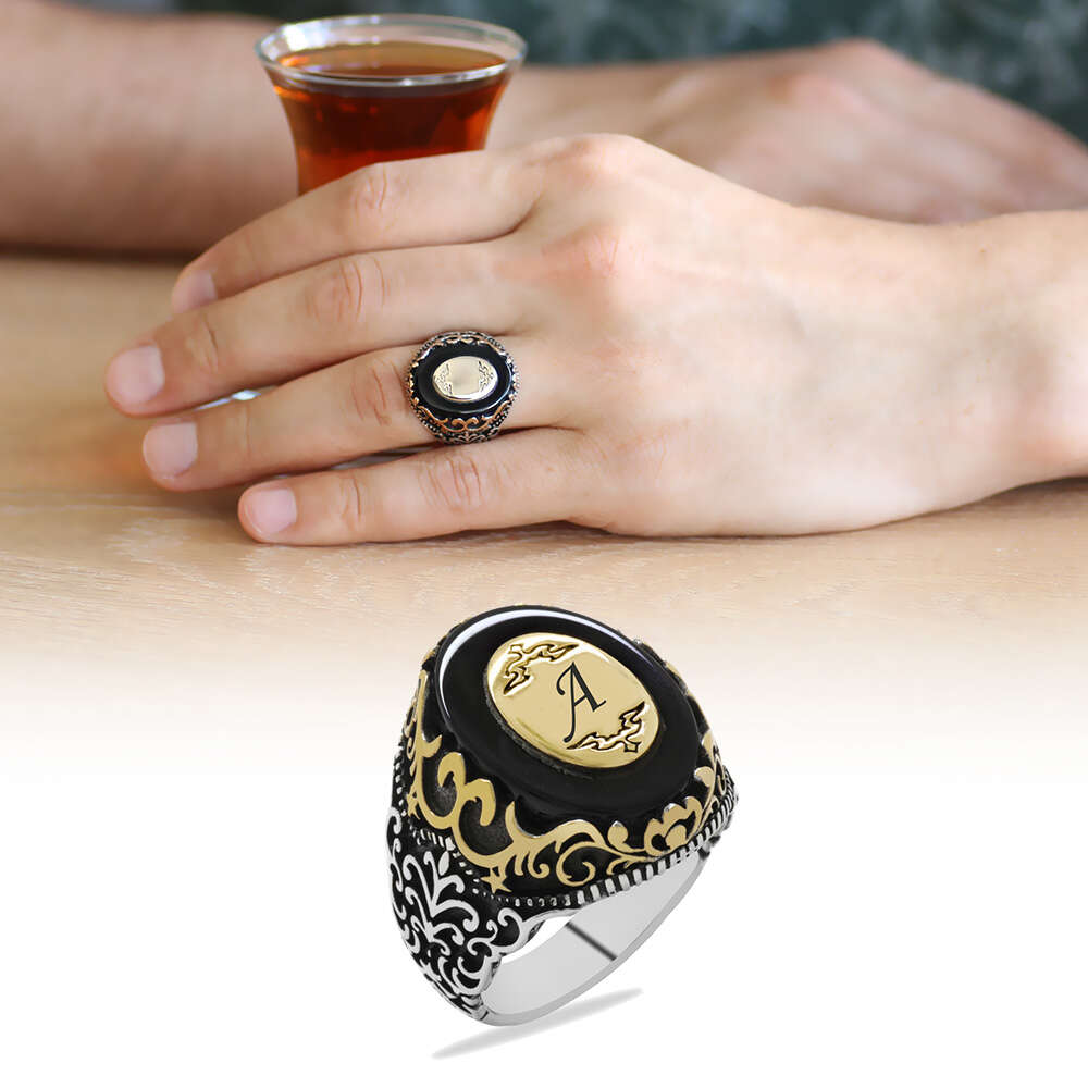 Siyah Oniks Taş Üzerine İsme Özel Yazılı 925 Ayar Gümüş Erkek Yüzük - 1