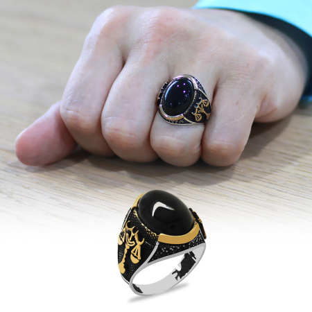 Siyah Oniks Taşlı Adalet Temalı 925 Ayar Gümüş Erkek Yüzük - Tesbihane