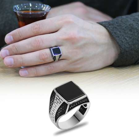 Siyah Oniks Taşlı Basic Tasarım 925 Ayar Gümüş Erkek Yüzük - STOKYOK