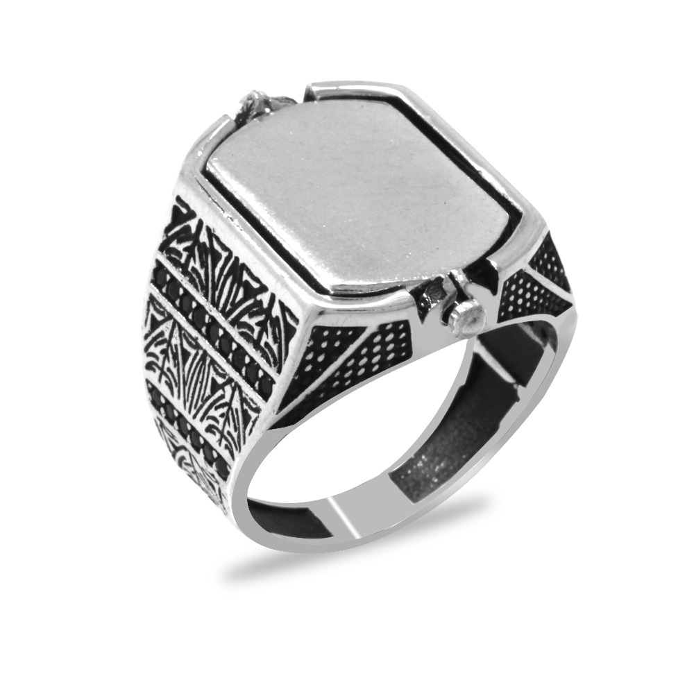 Siyah Oniks Taşlı Çift Taraflı İsme Özel Yazılı 925 Ayar Gümüş Erkek Yüzük - 5