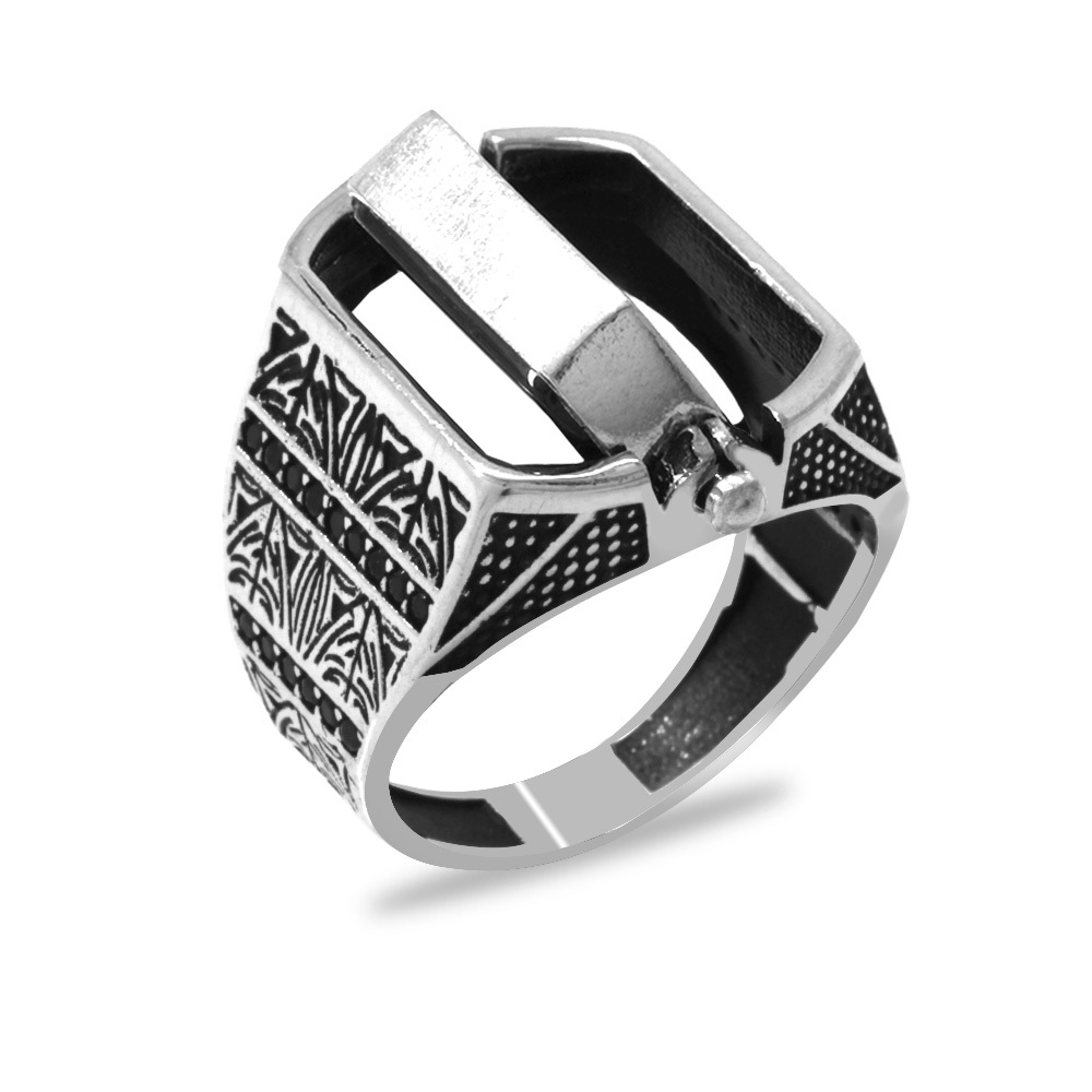 Siyah Oniks Taşlı Çift Taraflı İsme Özel Yazılı 925 Ayar Gümüş Erkek Yüzük - 6