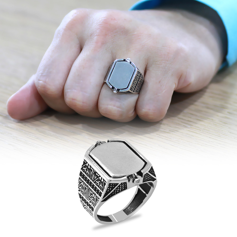 Siyah Oniks Taşlı Çift Taraflı İsme Özel Yazılı 925 Ayar Gümüş Erkek Yüzük - 2