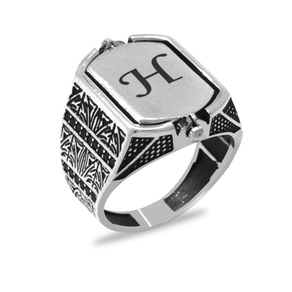 Siyah Oniks Taşlı Çift Taraflı İsme Özel Yazılı 925 Ayar Gümüş Erkek Yüzük - 3