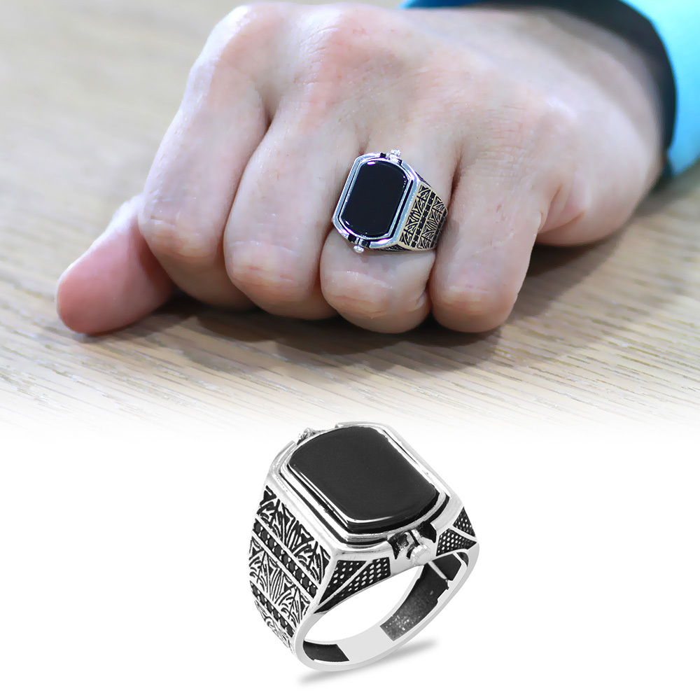 Siyah Oniks Taşlı Çift Taraflı İsme Özel Yazılı 925 Ayar Gümüş Erkek Yüzük - 1