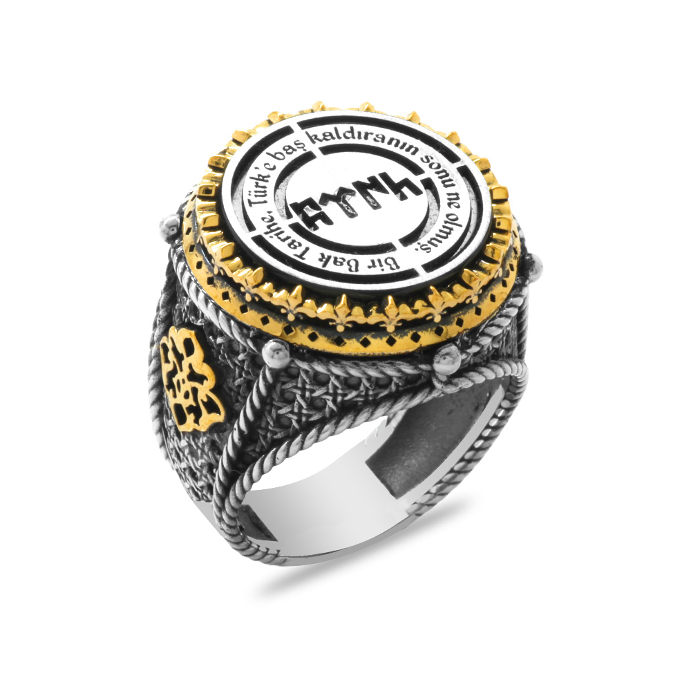 Siyah Oniks Taşlı Göktürkçe Türk Yazılı Özel Tasarım 925 Ayar Gümüş Erkek Yüzük - 1