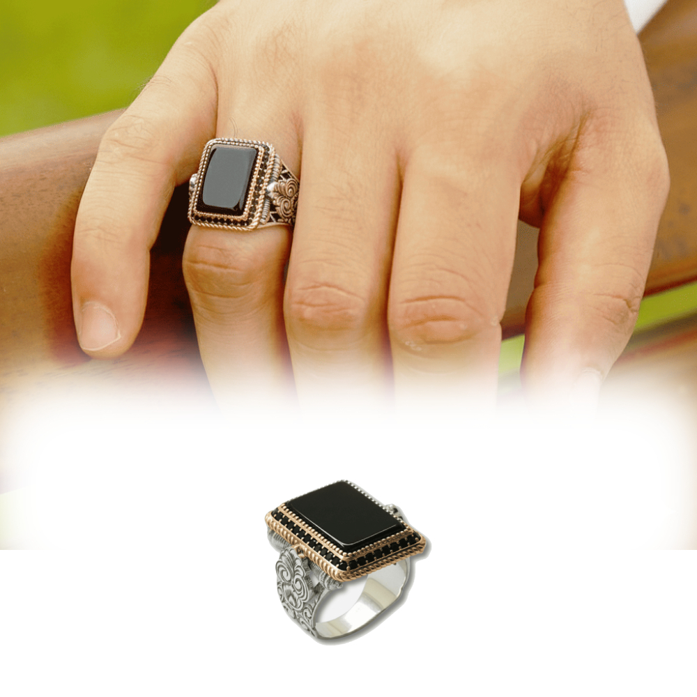 Siyah Oniks Taşlı Kalem İşçilikli Mikro Zirkon Taş Süslemeli 925 Ayar Gümüş Erkek Yüzük - 1