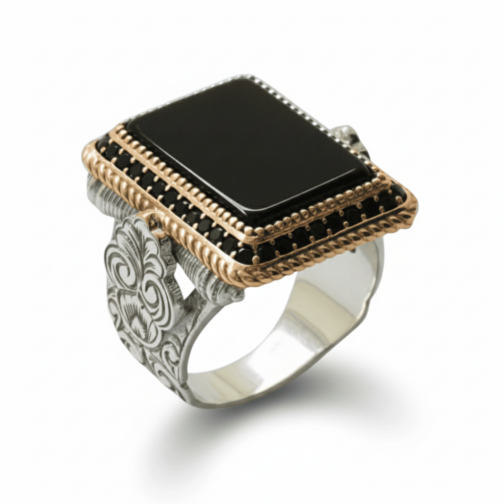 Siyah Oniks Taşlı Kalem İşçilikli Mikro Zirkon Taş Süslemeli 925 Ayar Gümüş Erkek Yüzük - 3