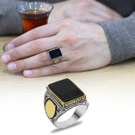 Siyah Oniks Taşlı Klasik Tasarım İsme Özel Yazılı 925 Ayar Gümüş Erkek Yüzük - Tesbihane