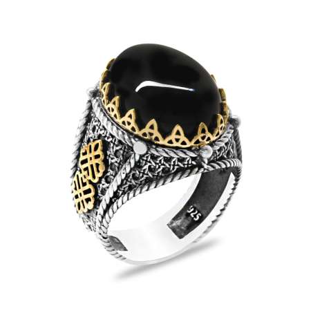Siyah Oniks Taşlı Kral Tacı Tasarım 925 Ayar Gümüş Erkek Yüzük - Tesbihane