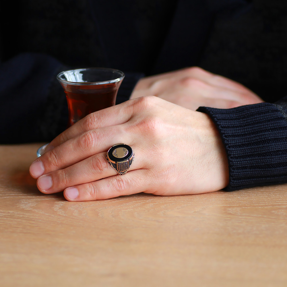 Siyah Oniks Taşlı Mikro Zirkon Taş Mıhlamalı İsme Özel Veya Harf Yazılı 925 Ayar Gümüş Erkek Yüzük - 2