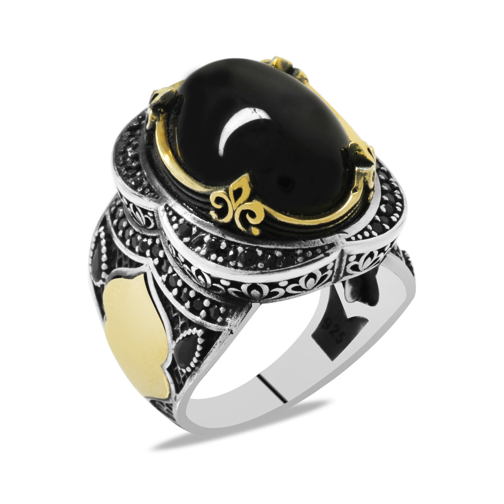 Siyah Oniks Taşlı Oval Tasarım İsme Özel Yazılı 925 Ayar Gümüş Erkek Yüzük - 2