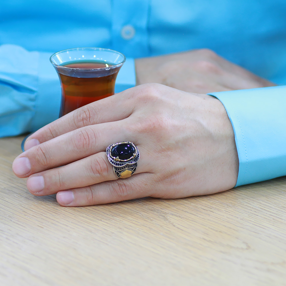 Siyah Oniks Taşlı Oval Tasarım İsme Özel Yazılı 925 Ayar Gümüş Erkek Yüzük - 4