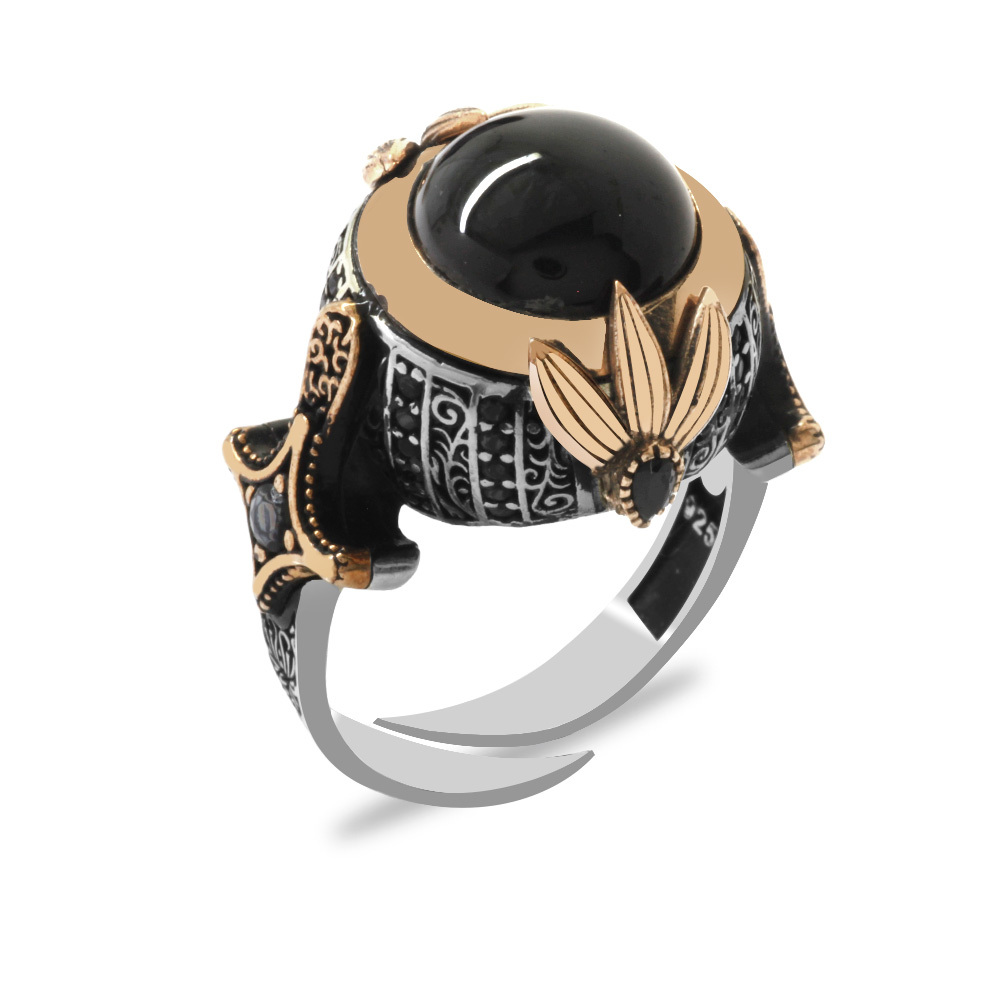 Siyah Oniks Taşlı Zülfikar Detaylı Ayarlanabilir Ölçü 925 Ayar Gümüş Erkek Yüzük - 2