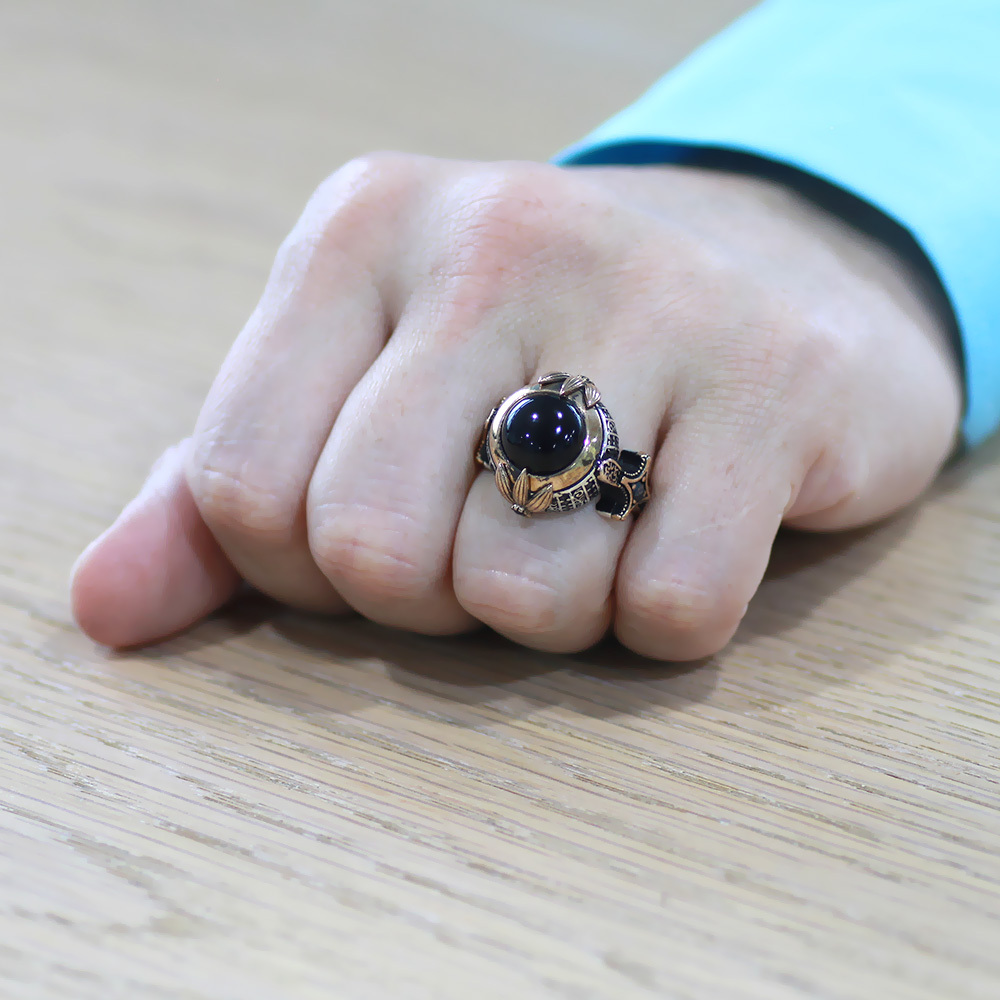 Siyah Oniks Taşlı Zülfikar Detaylı Ayarlanabilir Ölçü 925 Ayar Gümüş Erkek Yüzük - 3