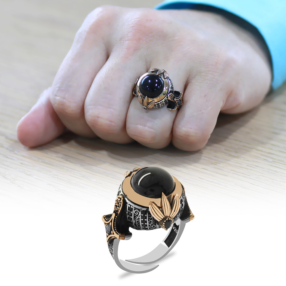 Siyah Oniks Taşlı Zülfikar Detaylı Ayarlanabilir Ölçü 925 Ayar Gümüş Erkek Yüzük - 1