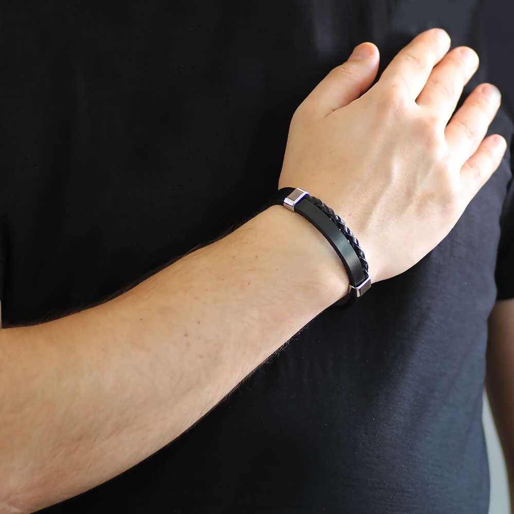 Hasır Tasarım Çift Sıra Siyah Çelik Deri Kombinli Erkek Bileklik - 2