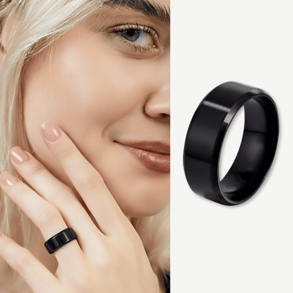 Siyah Renk 316L Kalite Paslanmaz Kadın Çelik Alyans Yüzük - 30 Ölçü - 1