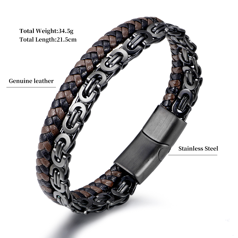 Siyah Renk Kral Zincir Gerçek Deri Örgü Magnetic Tokalı 316L Kalite Çelik Mekanizmalı Erkek Bileklik - 2
