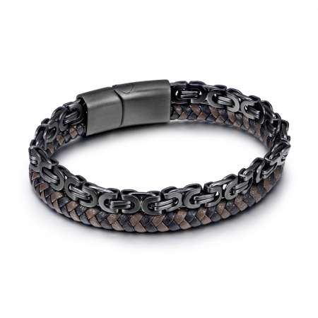 Siyah Renk Kral Zincir Gerçek Deri Örgü Magnetic Tokalı 316L Kalite Çelik Mekanizmalı Erkek Bileklik - Tesbihane