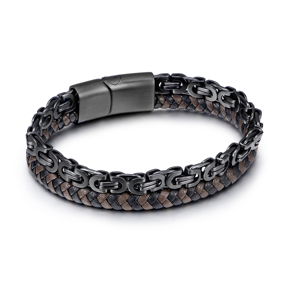 Siyah Renk Kral Zincir Gerçek Deri Örgü Magnetic Tokalı 316L Kalite Çelik Mekanizmalı Erkek Bileklik - 1