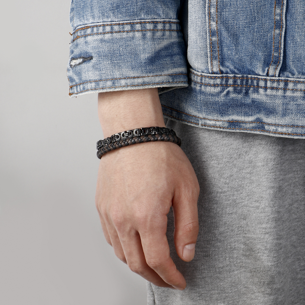 Siyah Renk Kral Zincir Gerçek Deri Örgü Magnetic Tokalı 316L Kalite Çelik Mekanizmalı Erkek Bileklik - 3
