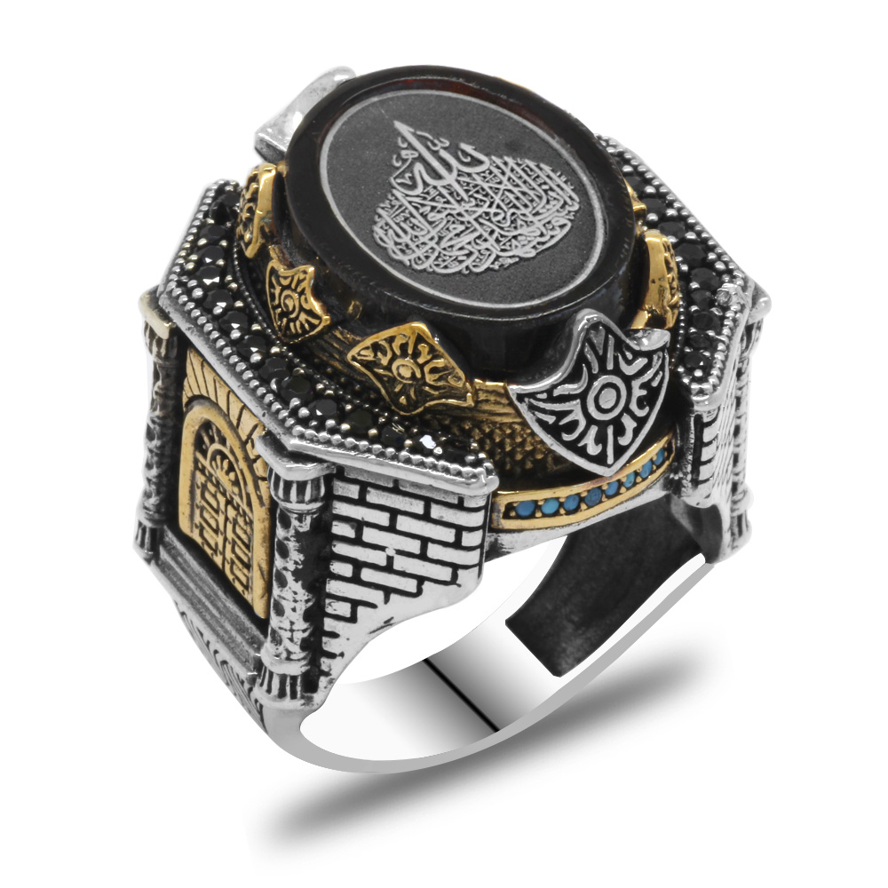 Siyah Kehribar Üzerine Hüsnü Hat Ayet El Kürsi Yazılı Kale Tasarım 925 Ayar Gümüş Erkek Yüzük - 2
