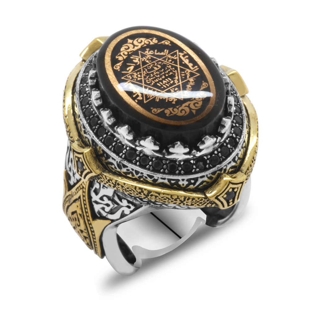 Siyah Sıkma Kehribar Üzerine Mührü Süleyman ve Duası İşlemeli 925 Ayar Gümüş Erkek Yüzük - 4
