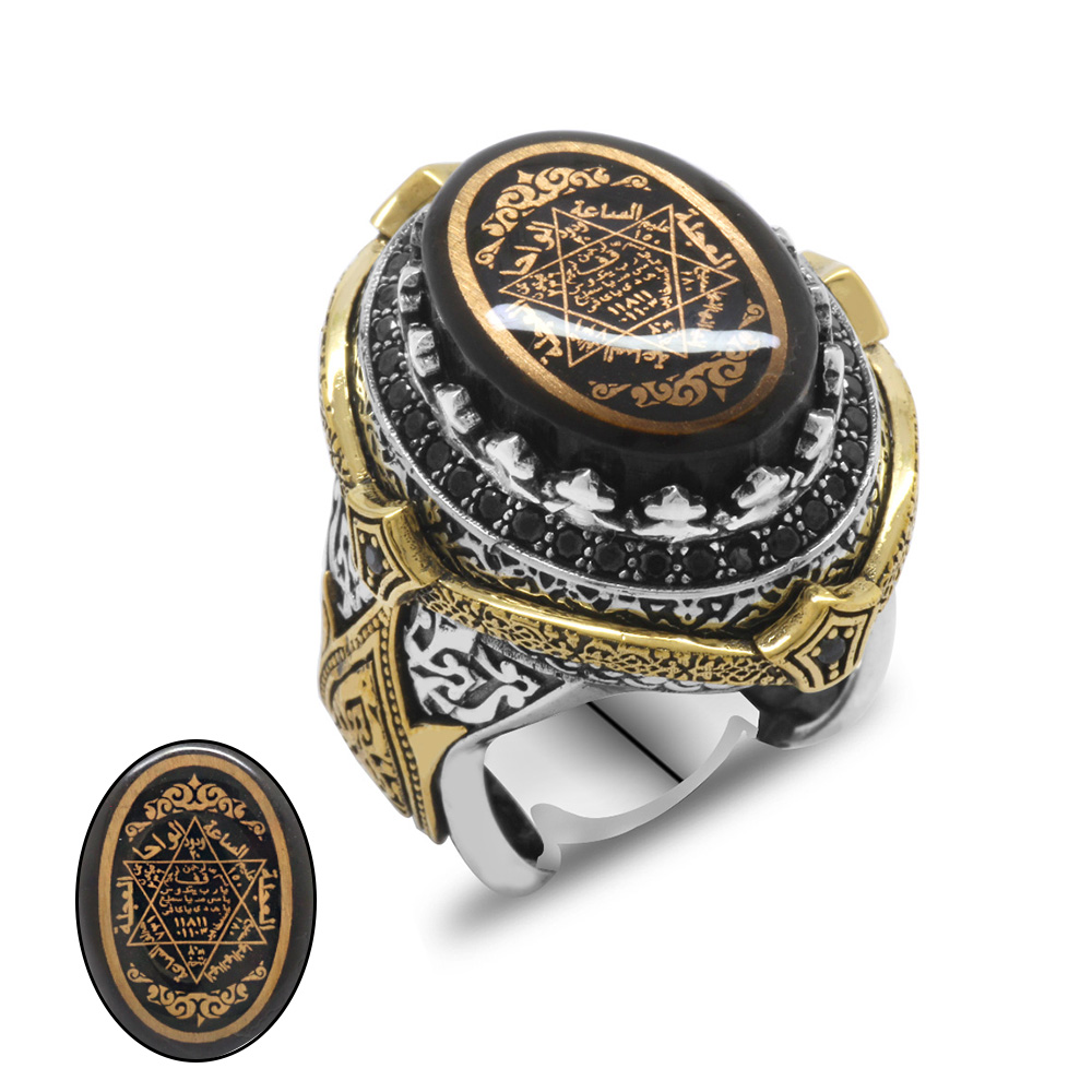 Siyah Sıkma Kehribar Üzerine Mührü Süleyman ve Duası İşlemeli 925 Ayar Gümüş Erkek Yüzük - 3