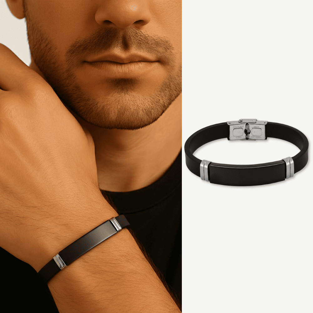 Siyah Silikon ve Çelik Bileşim Siyah Zeminli İsme Özel Yazılı Erkek Bileklik - 1