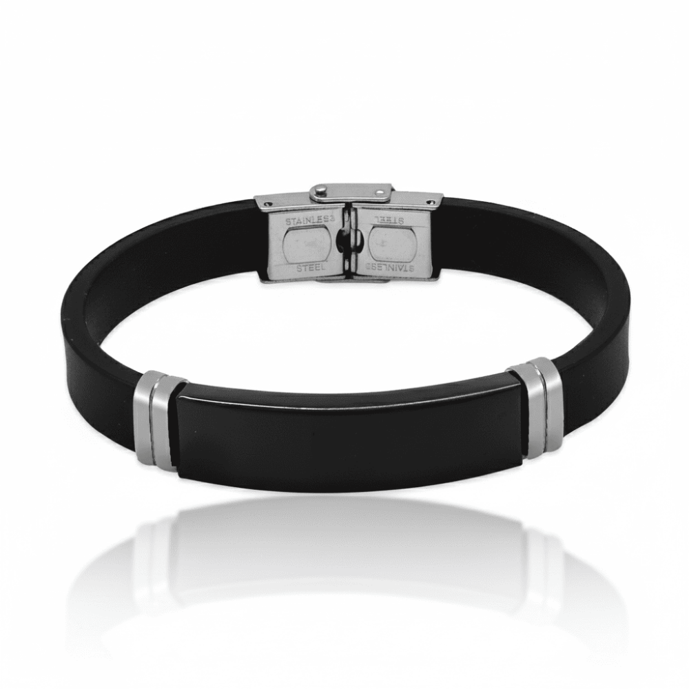Siyah Silikon ve Çelik Bileşim Siyah Zeminli İsme Özel Yazılı Erkek Bileklik - 4