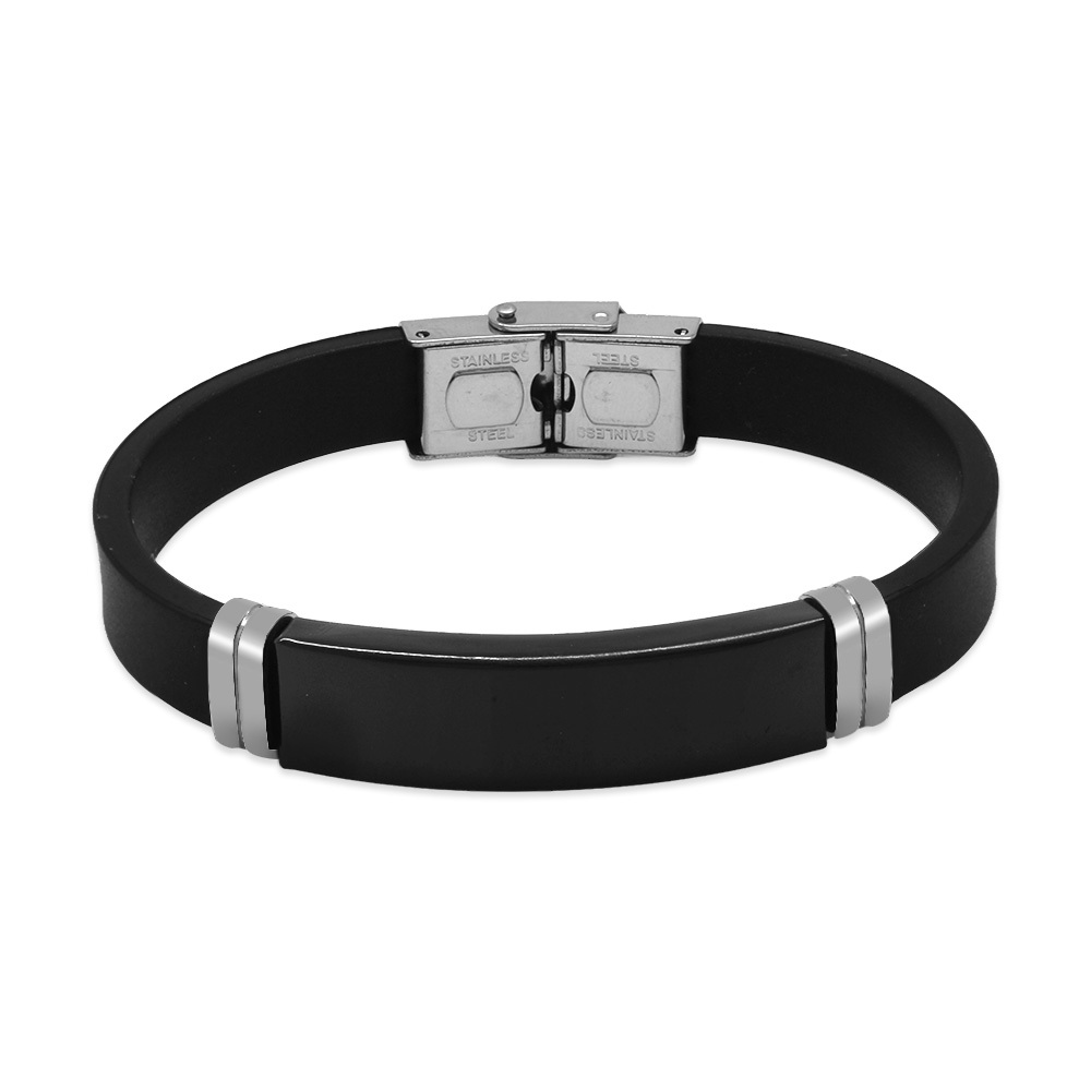 Siyah Silikon ve Çelik Bileşim Siyah Zeminli İsme Özel Yazılı Erkek Bileklik - 6