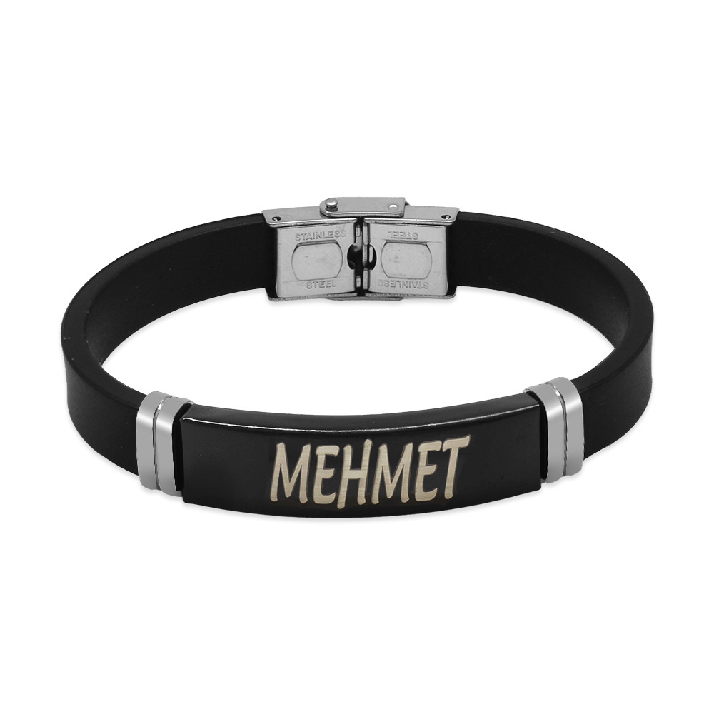 Siyah Silikon ve Çelik Bileşim Siyah Zeminli İsme Özel Yazılı Erkek Bileklik - 5