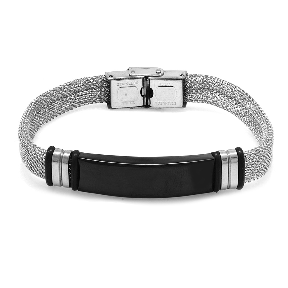 Siyah Zeminli İsme Özel Yazılı Gümüş Renk Çelik Erkek Hasır Bileklik - 2
